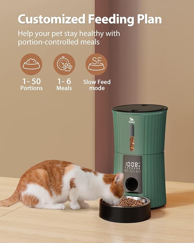 Timed Automatic Cat Feeder - 4L Dry Food Dispenser for Cats and Dogs | Programmable Portion Control, 6 Meals Daily, Dual Power Supply, 10-Second Voice Recorder, with Desiccant Bag, Green