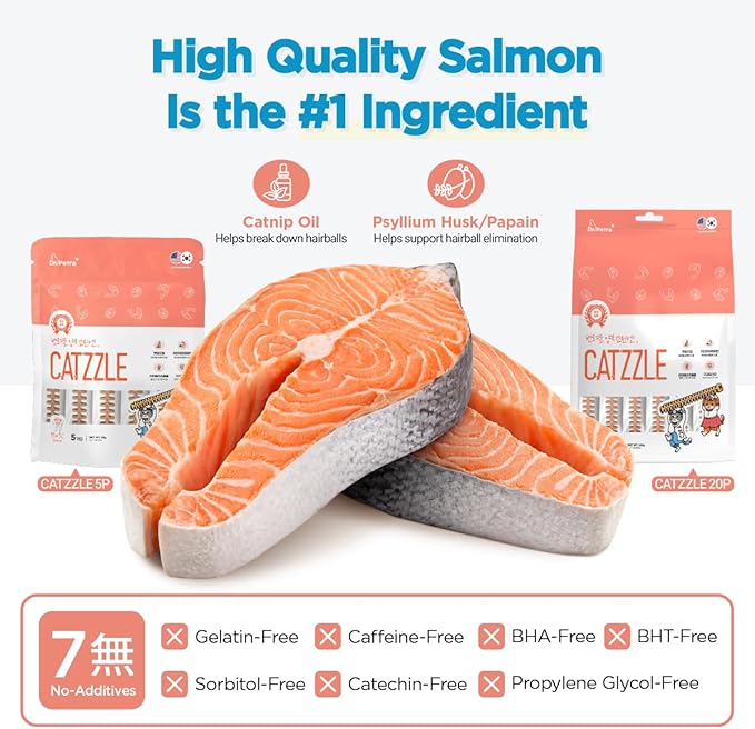 CATZZLE Cat Treats, Dental Chews for Indoor Cats, Cat Teeth Cleaning, Dental Care Snacks - Hairball Control (Salmon Flavor), 20 Sticks (5 oz.)