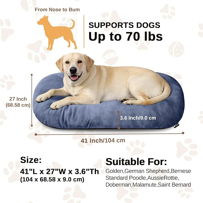 Washable Oval X-Large Dog Bed, Silver-Tipped High-Resilience, Dusty Blue | Non-Slip Bottom Prevents Sliding, Soft Plush Short Fur, Machine Washable, Ideal for Crates/Apartments/Cozy Nooks,41"x27"x3.6"