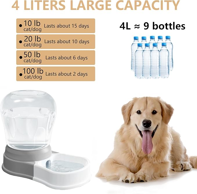 STALTWO 1 Gallon Automatic Gravity Dog Water Dispenser, BPA-Free, Grey | Pet Water Dispenser, Large Capacity Water Feeder for Cats and Dogs, Refill Less Often