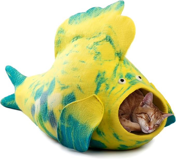 Luxurious Merino Wool Cat Cave - Foldable Hideaway Pod for Indoor Cats - Premium Felt Kitten Pet Enclosure - Covered Cat House for Ultimate Cozy Comfort by Woolygon (Fish)