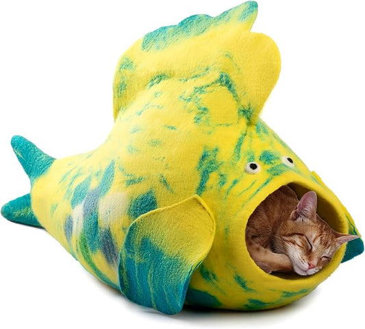 Luxurious Merino Wool Cat Cave - Foldable Hideaway Pod for Indoor Cats - Premium Felt Kitten Pet Enclosure - Covered Cat House for Ultimate Cozy Comfort by Woolygon (Fish)
