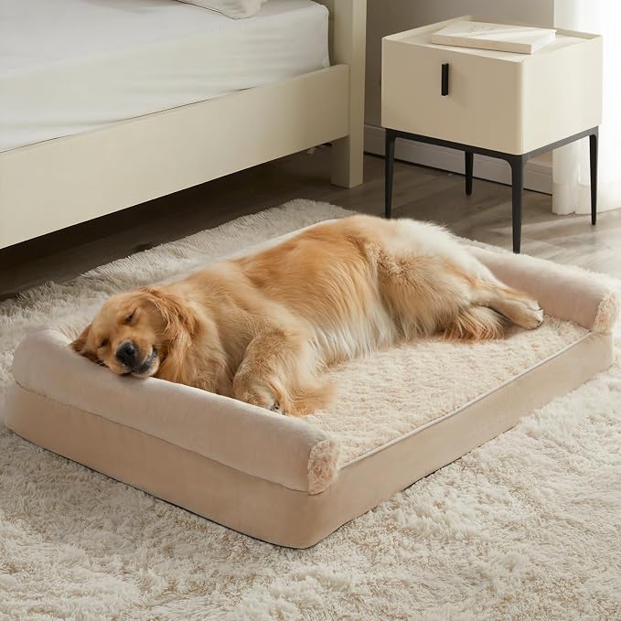 BFPETHOME Orthopedic Washable Large Dog Bed for Senior Dog Comfy Sleep | Waterproof Big Soft Pet Couch Bed for Dogs Relax with Removable Cover Supportive Egg Crate Foam Beige 36x27 Inch