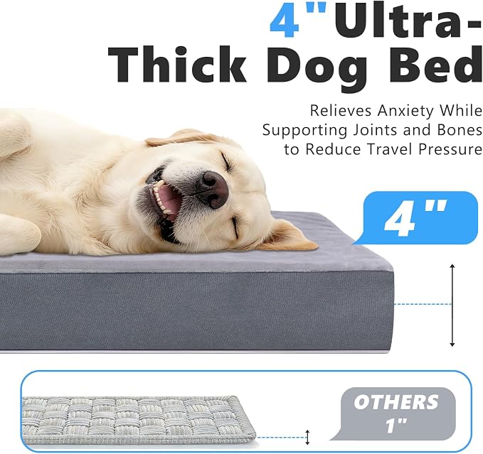 Backseat Dog Bed, Dog Bed for Car Back Seat, 4in Orthopedic Egg Crate Foam Pet Bed with Reversible Plush & Faux Leather for Backseat Extender – Waterproof, Stable Fit, Washable (55"x26.5", Gray)