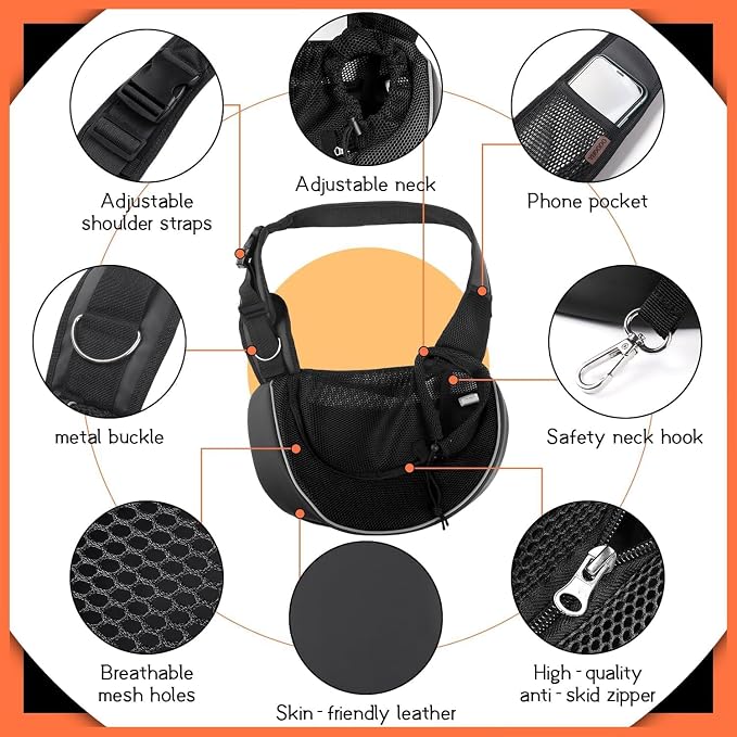 YUDODO Pet Sling Carrier for 5-9 lbs Small Dogs Cat Puppy Crossbody Carrier | Bottom support, Safety Hook, Large Zipper Pocket, Soft Breathable Mesh, Adjustable Strap, Reflective Strip, Black, M
