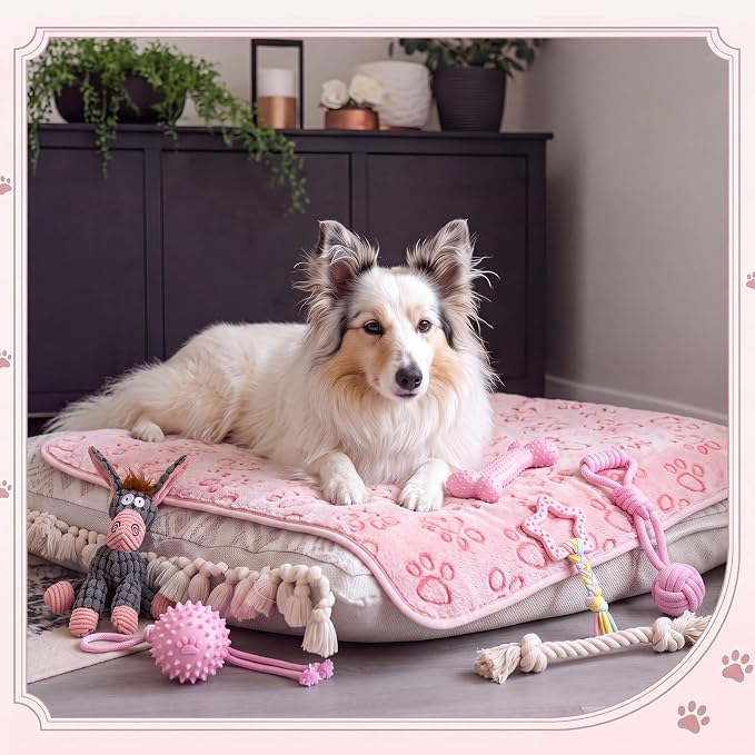 Zopeal 17 Pcs Summer Puppy Gift Set, Dog Toy & Essentials Bundle with Chew Toys, Poop Bag Dispenser, Grooming Brush, Training Bell, Blanket & Rope Basket (Pink,Donkey)