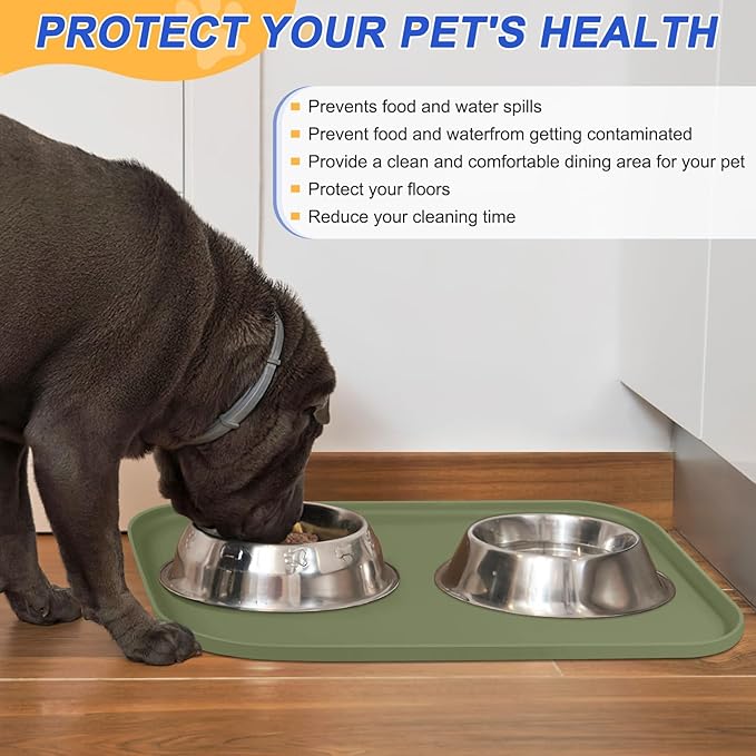 SMILOOL Waterproof Silicone Pet Food Mat with Raised Edge for Dog & Cat | 19" x 12" Non-Slip Pet Feeding Mats with Lip for Food & Water Bowl, Food Grade, Easy Cleaning, Light Olive Green