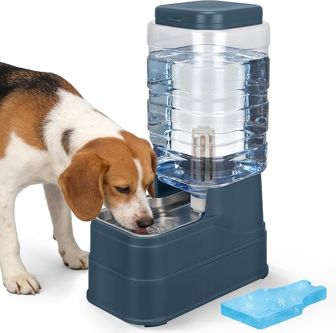 Auto Dog Water Dispenser with Stainless Steel Bowl Feeder for Pets | Automatic Cat Water Dispenser Gravity Water Feeder Dog Waterer for Puppy Kitten Pets (Include Filter &Ice Pack) 2.2Gal Navy