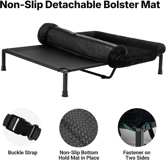 Veehoo Elevated Dog Bed with Fluffy Plush Bolster Cushion, Dog Couch Bed | Cooling Raised Dog Bed for Large Dogs, Washable Orthopedic Pet Cot with Removable Mat, Breathable Mesh, Non-Slip, 53", Black