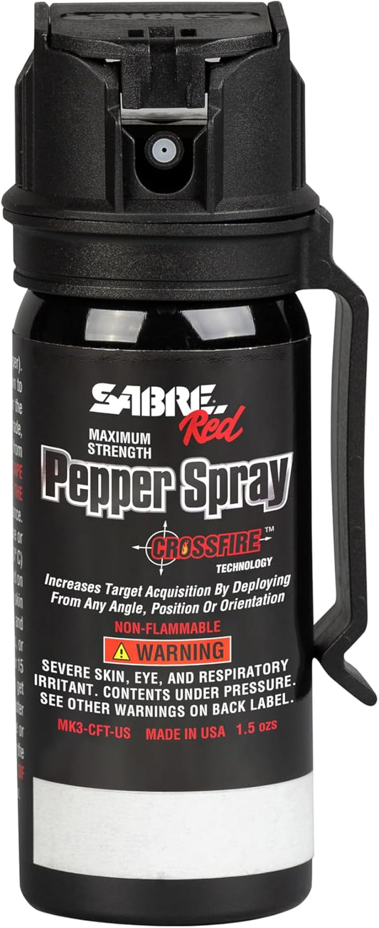 Gel poivre SABRE Crossfire, déploiement sous tous les angles, maximise l'acquisition de cible contre de multiples menaces, clip de ceinture pour un transport facile, couvercle rapide, OC puissance maximale, option spray au poivre 44 ml
