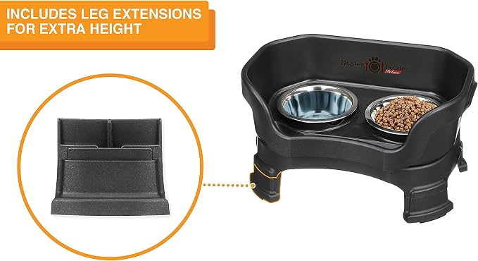 Neater Feeder Deluxe Mess-Proof Elevated Dog Bowls for Small Dogs (Up to 19 lbs), 2 Height Adjustable (6” & 7.5”) No-Spill Raised Dog Bowl Stand, Stainless Steel Food Bowl Set, Made in USA, Black