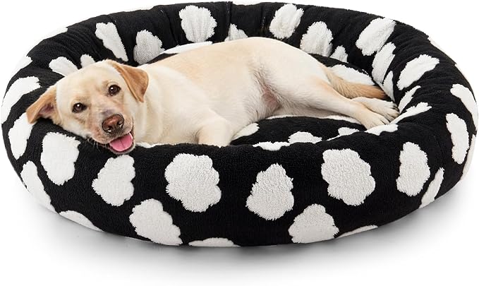 JOEJOY Jacquard Donut Round Dog Beds Large Sized Dog,Black 36x36x8in, Removable Washable Cover, Cute Pattern, Ultra Soft Fluffy Calming Pet Bed with Thick Supportive Bolster