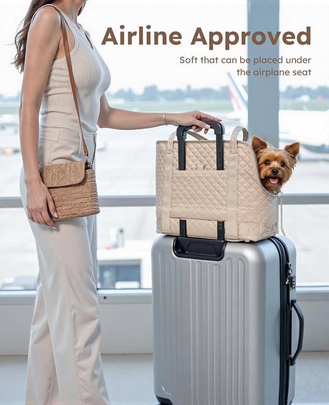 Pecute Dog Purse Carrier, Dog Carrier with Pockets for Small Dogs, Fits Dogs 5 lbs to 9 lbs, Cat and Puppies Tote Bag, Outing, Travel, Vet, Khaki | Breathable,Foldable,Large Pocket,Built-in safety Rope,Machine washable,Under 9 Lbs