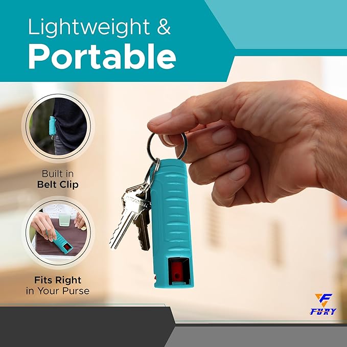 Vaporisateur de défense FURY Hardshell – Portée de 3,6 m, puissance maximale, colorant UV, anti-fuite et anti-déclenchement accidentel, gâchette coulissante, clip ceinture et porte-clés, plusieurs options de couleur