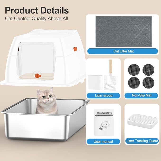 Stainless Steel Litter Box with Lid,Extra Large Enclosed Removable Cat Litter Boxes for Big Cats,Top Entry Metal Kitty Litter Box with Cover.Anti-Leakage,Easy Cleaning.Includes Scoop&Litter Mat-White