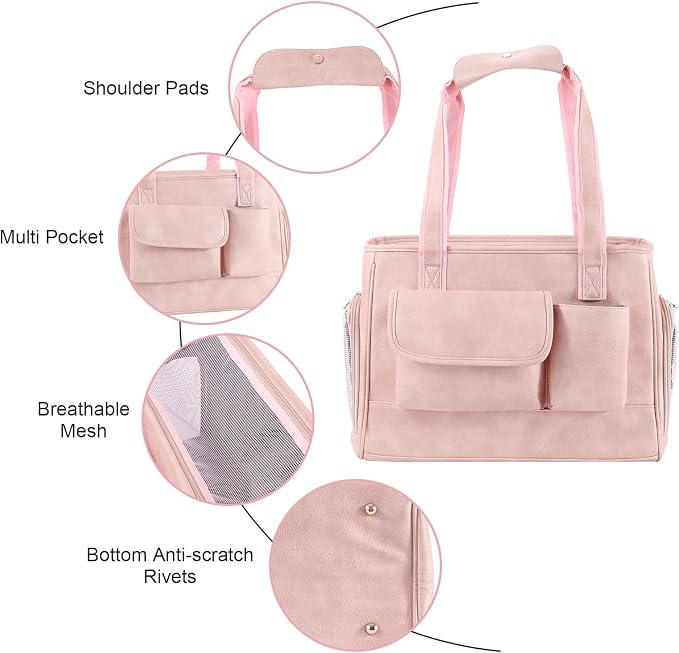 Dog Carrier Purse, Fashion Leather Pet Carrier Bag, Airline Approved Soft Sided Cat Travel Tote Bag with Pockets Pink