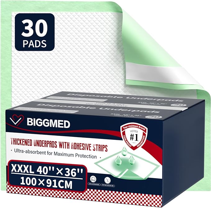 BIGGMED Extra Large Bed Pads with Adhesive Strips 40'' X 36'', 30 Count | Disposable Underpads for Incontinence Ultra-Absorbent & Leak-Proof Chucks Pads for Adults, Elderly and Kids