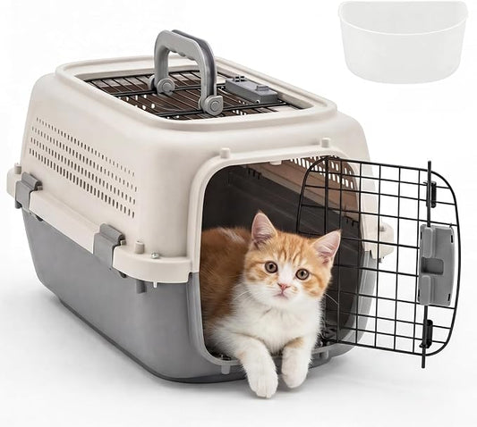 DUMOS 23" Hard-Sided Pet Carrier for Small Dogs & Cats, Airline Approved Travel Crate with Enhanced Security Latches, Front & Top Load Wire Door, Food Bowl for Traveling, Hiking, Camping - Beige&Grey