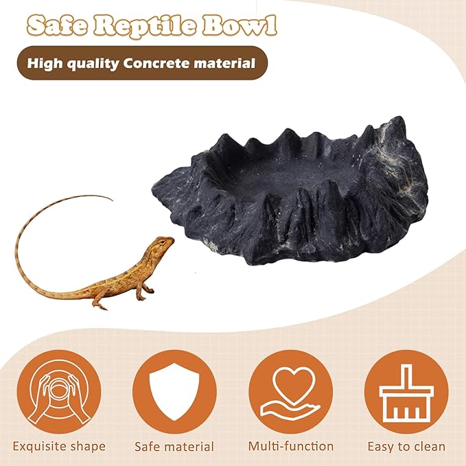 Reptile Water and Food Bowl with Feeding Tweezers Volcanic Rock Style Cement Feeding Dish for Bearded Dragon Leopard Gecko Lizard and Snake Non-Tip Terrarium Decor Landscape Accessory (Black)