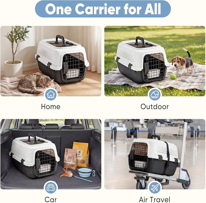 DUMOS 23" Hard-Sided Pet Carrier for Small Dogs & Cats, Airline Approved Travel Crate with Enhanced Security Latches, Front & Top Load Wire Door, Food Bowl for Traveling, Hiking, Camping - White&Black