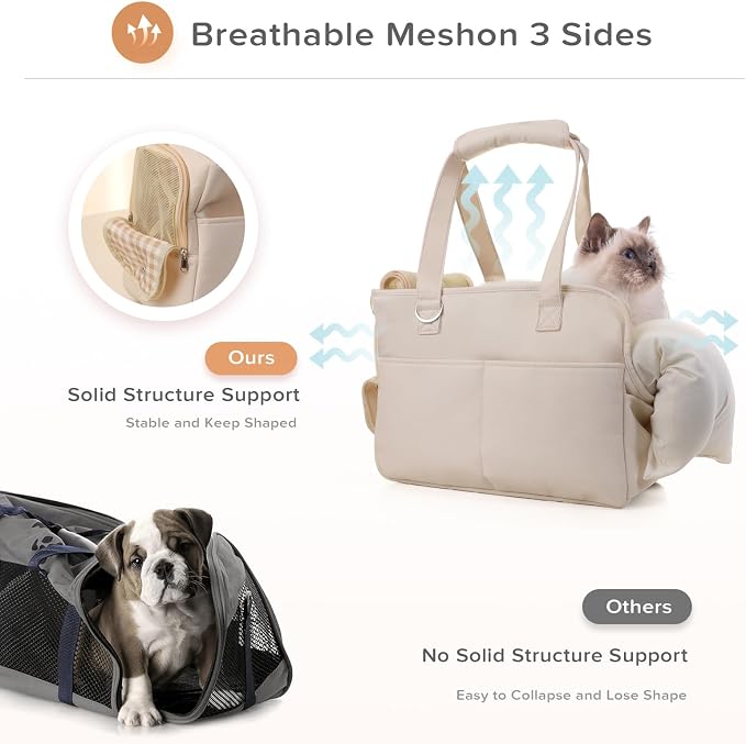 JourCraf Dog Purse Carrier for Small Dogs & Puppies Up 10 Lbs, Soft Cotton Tote Pet Shoulder Bag with Pockets, Foldable & Washable Breathable Puppy Carrier for Yorkie, Chihuahua & Cats - Beige
