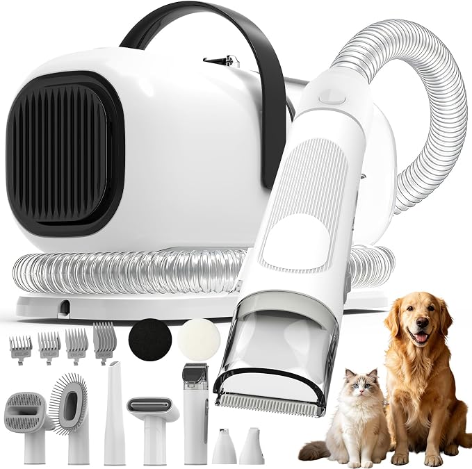 Dog Grooming Kit with Vacuum, 12000Pa Pet Electric Clipper & Nail Grinder | PG01 Plus 8-in1 Pet Grooming Kit, Low-Noise Dog Vacuum for Shedding Grooming, Pet Hair Remover Vacuum