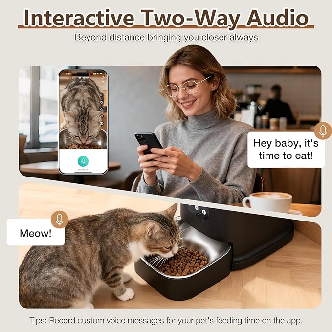 カメラ付き自動猫給餌器、5L/28カップ WiFi猫自動給餌器 双方向音声通信、アプリ制御、強力な詰まり防止システム ナイトビジョン付きスマート定時給餌器 小型ペット屋内用