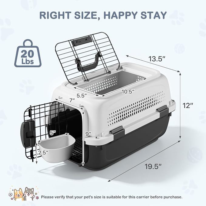 19.5" Hard-Sided Pet Carrier for Small Dogs & Cats, Plastic Cat Carriers | Front & Top Door Access, Ventilation Design, Feeding Bowl Included, for Camping & Trips, for Small Pets up to 20 lbs, Gray
