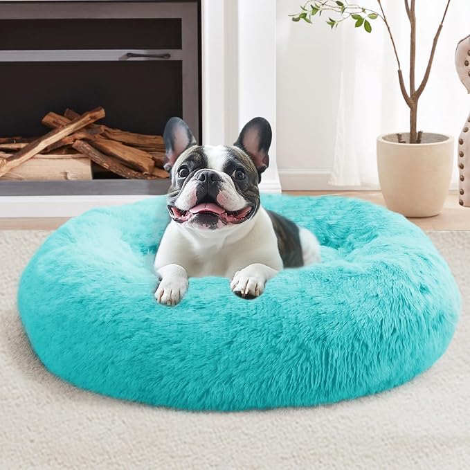 JOLLYVOGUE Calming Dog Beds Large Sized Dog, 36in Donut Washable Large Pet Bed, Anti-Slip & Anti-Anxiety Fluffy Faux Fur Round Dogs Bed, Fits up to 80 lbs Pets (Aqua Blue)