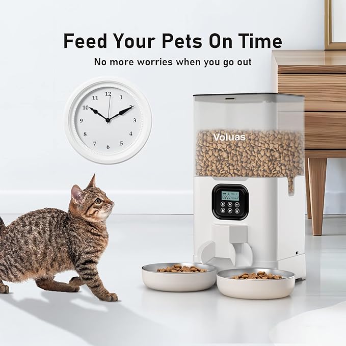 Distributeur automatique de nourriture Voluas pour deux chats, distributeur double pour animaux avec 2 gamelles en acier inoxydable, distributeur de nourriture pour chat de 6 L avec fonction de mémorisation
