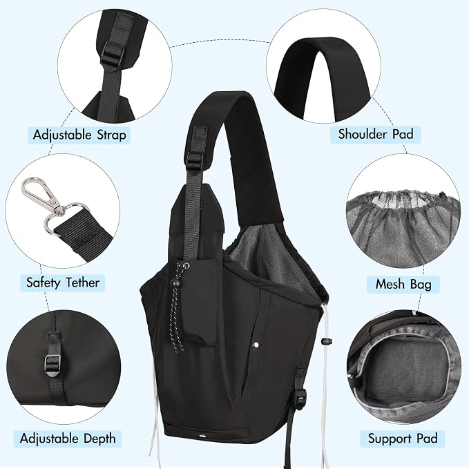 Dog Carrier Sling, Puppy Carrier Sling 20 lbs, Black | Dog Carriers for Small Dogs & Cats With Pockets, Machine Washable, Adjustable Shoulder Strap, Hands Free for Outdoor Use