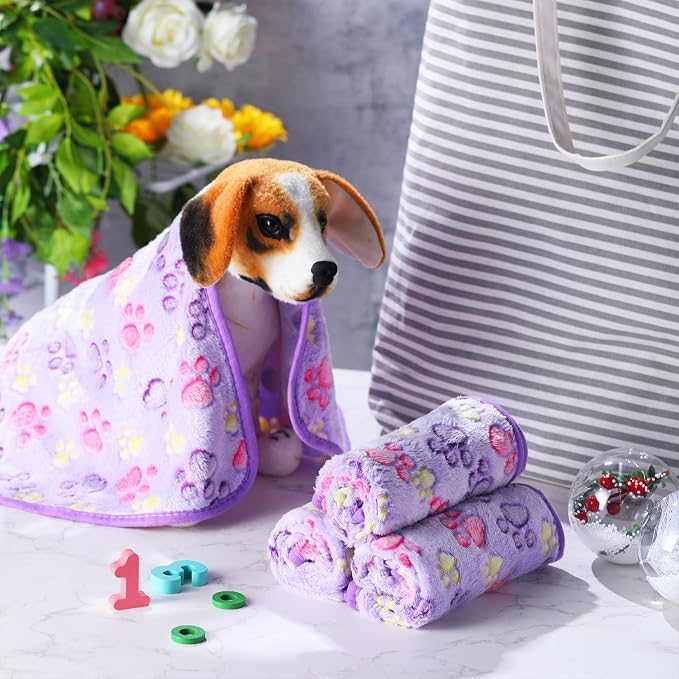 Tatuo 4 Pack Fleece Dog Blankets for Puppy Cats Multi-Size Sleep Mat for Pet Guinea Pig Soft Washable Warm Crate Bed Puppy Teething Toys Print Pattern Blanket Indoor(Purple,24 x 16 Inch,Paw)