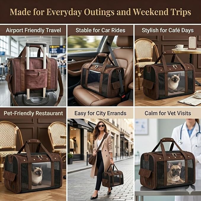 Pet Carrier for Small Medium Cats Dogs Puppies Up to 20lbs, Soft Sided Collapsible Cat Dog Carrier, Stable Durable Vintage Style Travel Bag for Shopping, Street Photos, Pet Cafe