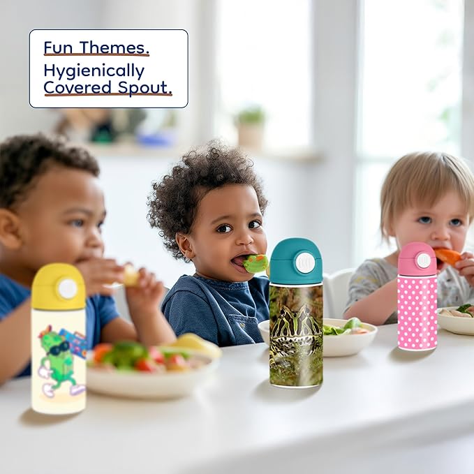 Funny Nature Enthusiast 12oz Kids Pink Bottle – Close-up of a Pacman frog with green and black patterns – School Lunch, Outdoor Adventures