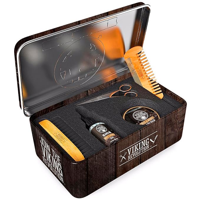 Viking Revolution Ultimate Beard Kit - Coffee Whiskey, 5 Pcs with Metal Box | Richly Scented Coffee Whiskey Products - Includes Beard Brush, Beard Comb, Beard Balm, Beard Oil and Moustache Scissors