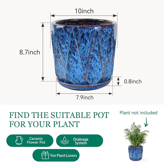 10 Inch Ceramic Plant Pot with Drainage Hole Mesh Net, Large Flower Pots for Indoor Plants with Saucer, Gardening Pots Outdoor, Blue