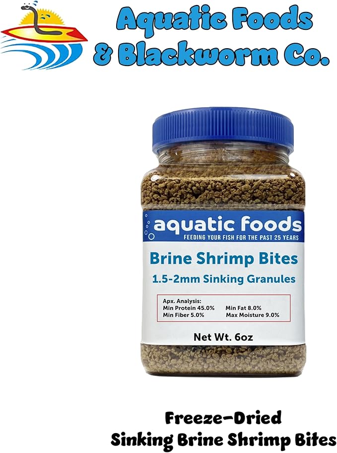 Aquatic Foods Inc. Brine Shrimp Sinking Bites for Bottom Feeders, Small Baby Fish, Tetras. Live Bearers, Discus, Cichlids, Great for All Tropicals - 6oz Small Jar