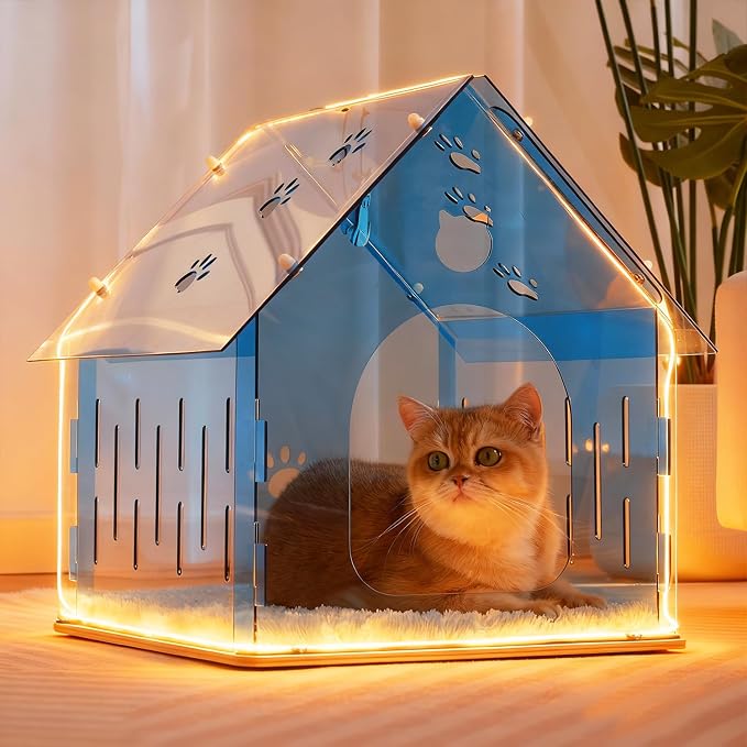 Acrylic Cat House for Indoor Cats, Transparent Cat Bed Cave with Plush Cushion & Hanging Toys, Modern Ventilated Cat Condo with Sturdy Wooden Base for Adult Cats & Kittens up to 15 lbs, Blue