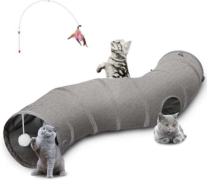 Ownpets S-Shape Cat Tunnel Toy 48"L x 10"D, for Cats, Puppies & Small Pets | Collapsible for storage, tear-resistant oxford fabric, connects to other tunnel, with peek hole, feather wand, indoor/outdoor