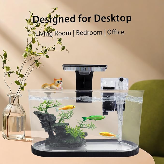 2.2 Gallon Fish Tank Kit, Small Aquarium Starter Tank with Filter and Light, Acrylic Nano Desktop Tank with Color-Changing LED & Decor - Complete Starter Kit for Betta Fish Shrimp Guppy Goldfish Beta