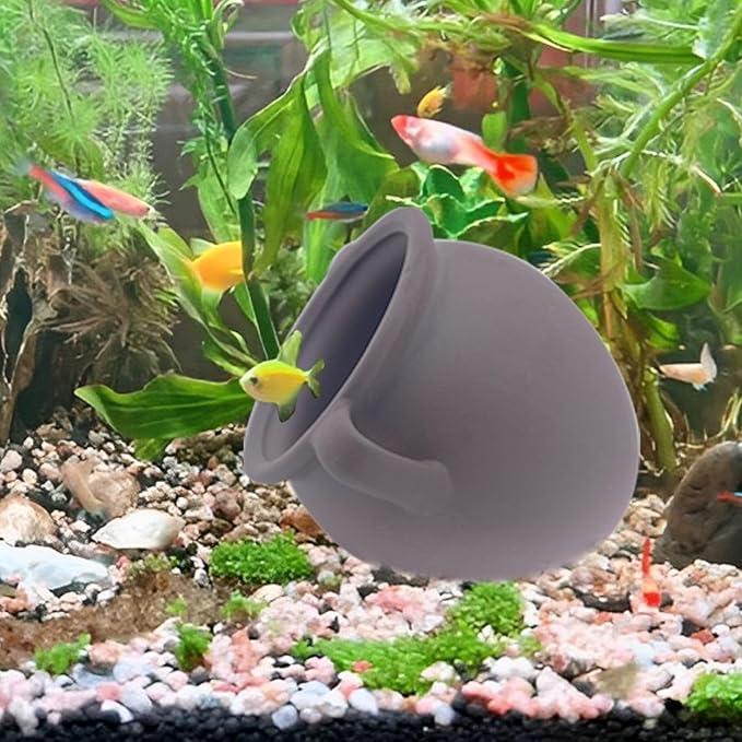 AnRui Ceramic Jar Aquarium Ornament Decor Natural Clay Vase Betta House Hideout Cave Pot Fish Tank Decorations Accessories for Cichlid, Small Fish, Shrimp to Play Hide Breed Habitat, Large