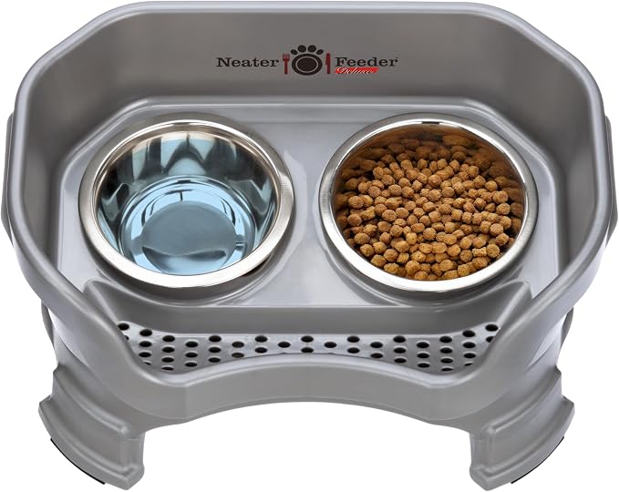 Neater Feeder Deluxe Mess-Proof Elevated Dog Bowls for Small Dogs (Up to 19 lbs), 2 Height Adjustable (6” & 7.5”) No-Spill Raised Dog Bowl Stand, Stainless Steel Food Bowl Set, Made in USA, Gunmetal