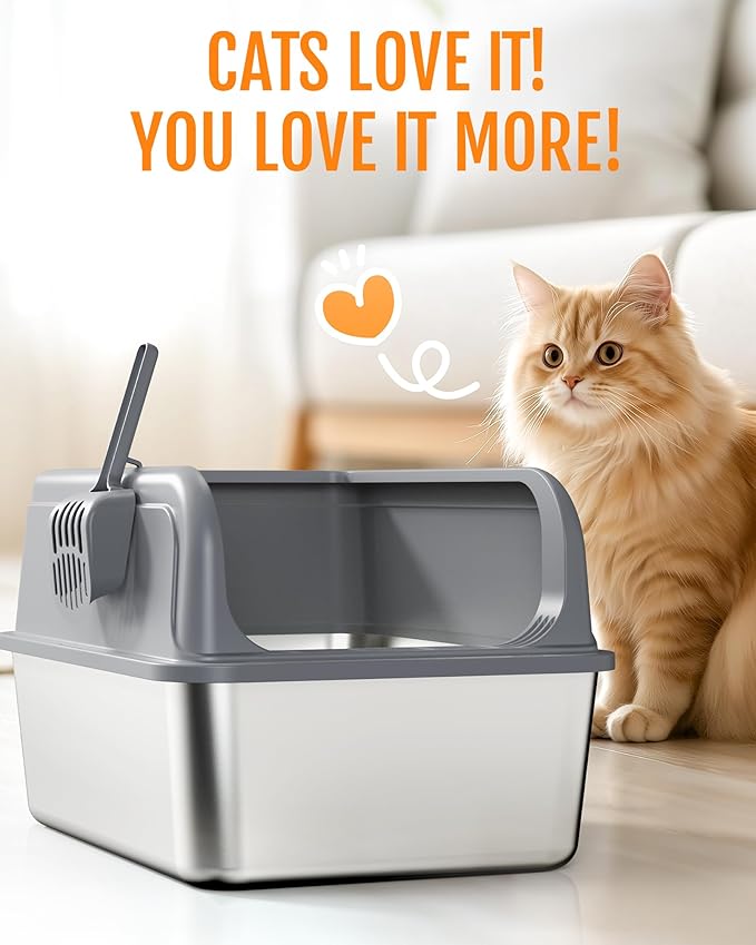 Powools Stainless Steel Cat Litter Box, Metal Litter Box with Scoop, High- Sided, Anti-Leakage Top Entry, Non-Sticky, Easy to Clean, 8-Inch Splash-Proof Deep Pan, Grey, XXL (1 Pack)