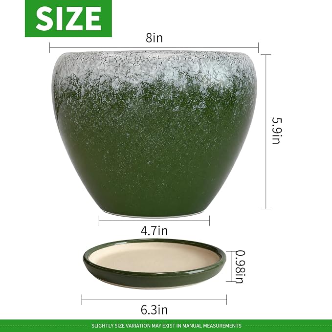 Deep Dream 8 Inch Plant Pots- Ceramic Pots for Plants with Drainage Hole and Saucer, Large Planter Pot for Indoor Plants Outdoor Decor, Blackish Green