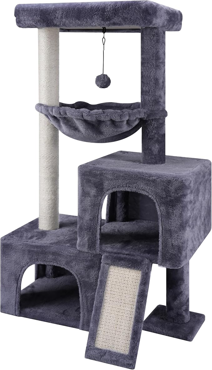 AIWIKIDE 37.4" Cat Tree Tower with Twin Cat Condos for Indoor Cats, All-in-One Activity Center with Cat Scratching Post Cozy Sleeping Perch Hammock and Toy Balls,Grey