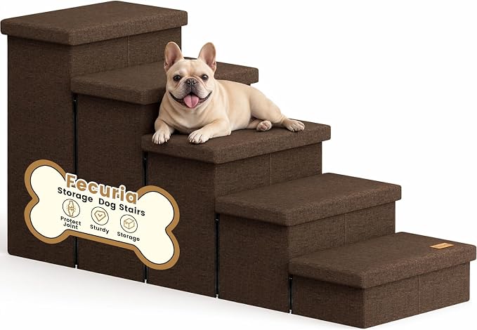 5-Step Wide Dog Stairs with Storage 23" H, Non-Slip Sturdy Pet Steps for High Bed Couch Window, Pet Stairs for Small/Medium/Large Old Dogs Cats Up to 260lbs, Cat Dog Steps for Car/SUV, Coffee