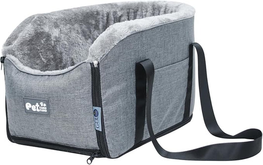 Pet Car Center Console Elevated Armrest Car Seat for Small Puppy, Dogs & Cats (Up to 10 lbs) – Dark Gray Washable Plush Carrier with Safety Leash, Fits Front Vehicle Console Space (Grey)