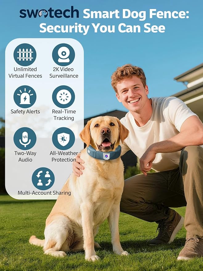 Wireless Dog Fence System, GPS Dog Fence Collar with 2K Camera, Live Video & Recording, Virtual Fence, GPS Tracker, Two-Way Audio, Waterproof, 5-Day Battery, for Medium & Large Dogs