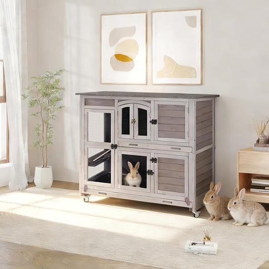 Gutinneen Large Indoor Rabbit Hutch Mobile Bunny Cage with Chew-Proof Ramp, Locking Leak-Proof Trays - Outdoor 44" Wooden Rabbit Cage with 4 Wheels for Rabbits, Guinea Pigs, Small Animals (Grey)