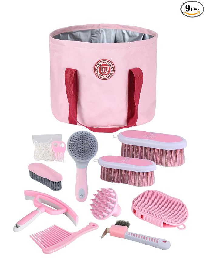 Harrison Howard Horse Grooming Kit 9 Piece with Tote, Non-Slip Silicone Grip Brush Set for Horses, Shedding Bathing Daily Care, Beginner Friendly Pink